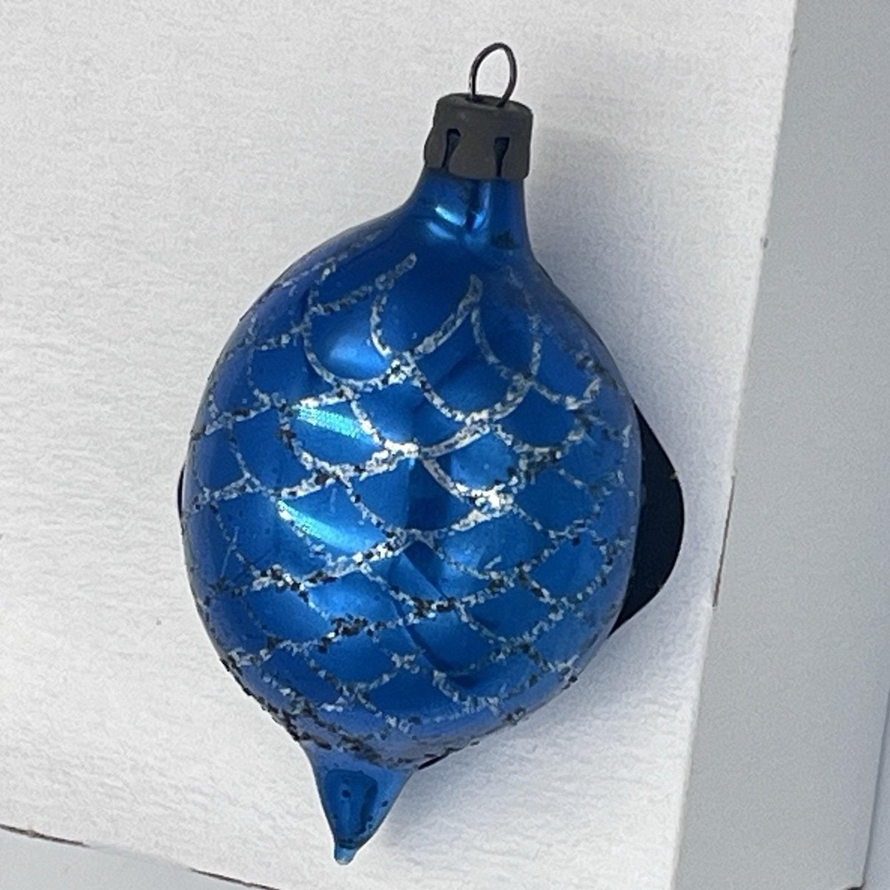 VTG Poland Teardrop Mica Glitter Blue Silver Fish Scale Ornament Mercury Glass - Picture 2 of 4